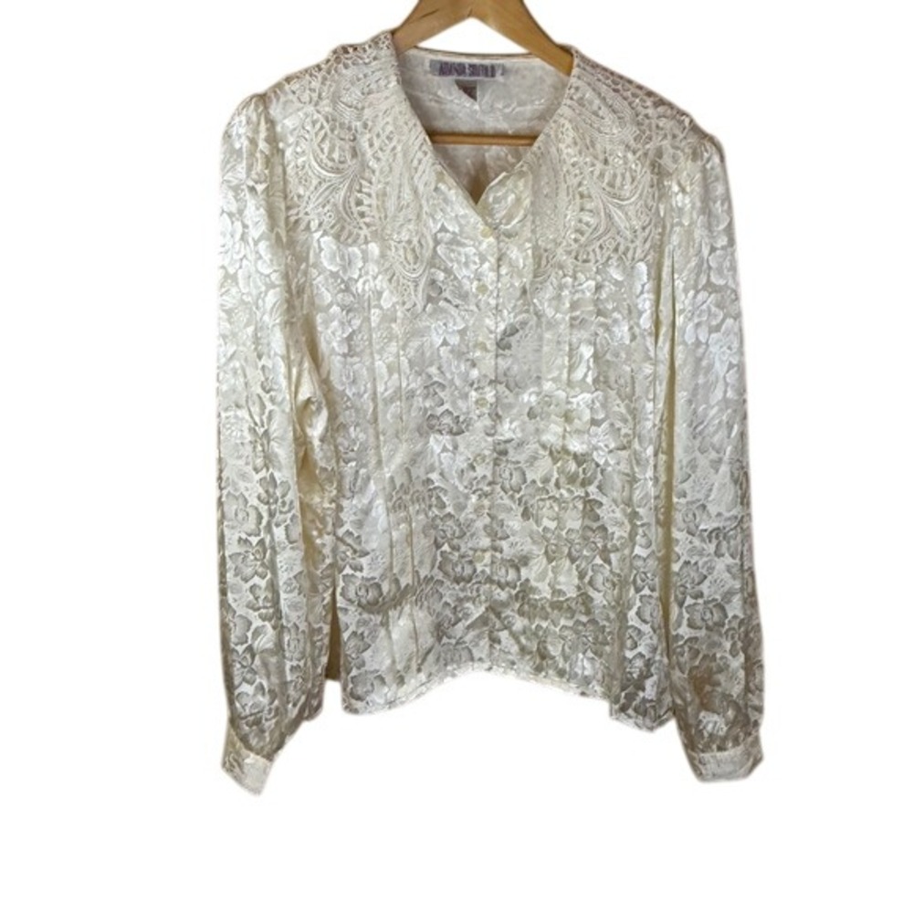 Vintage Amanda Smith Ivory Floral Lace Blouse Womens Size 18W 38 Long Sleeve‎
